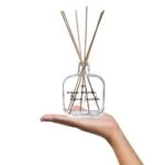 Envase de mikado Con Agua Salada, Alma Lavada: frasco, varillas dentro sostenido sobre una la mano.