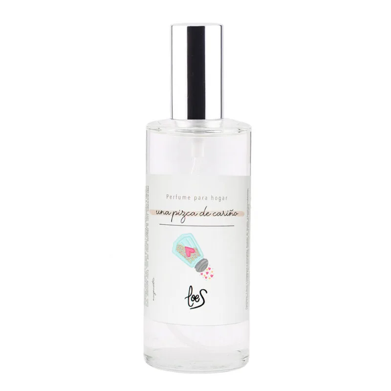 Perfume de ambiente Una Pizca de Cariño. Frasco de cristal y embellecedor de metal. Rápido y eficaz.