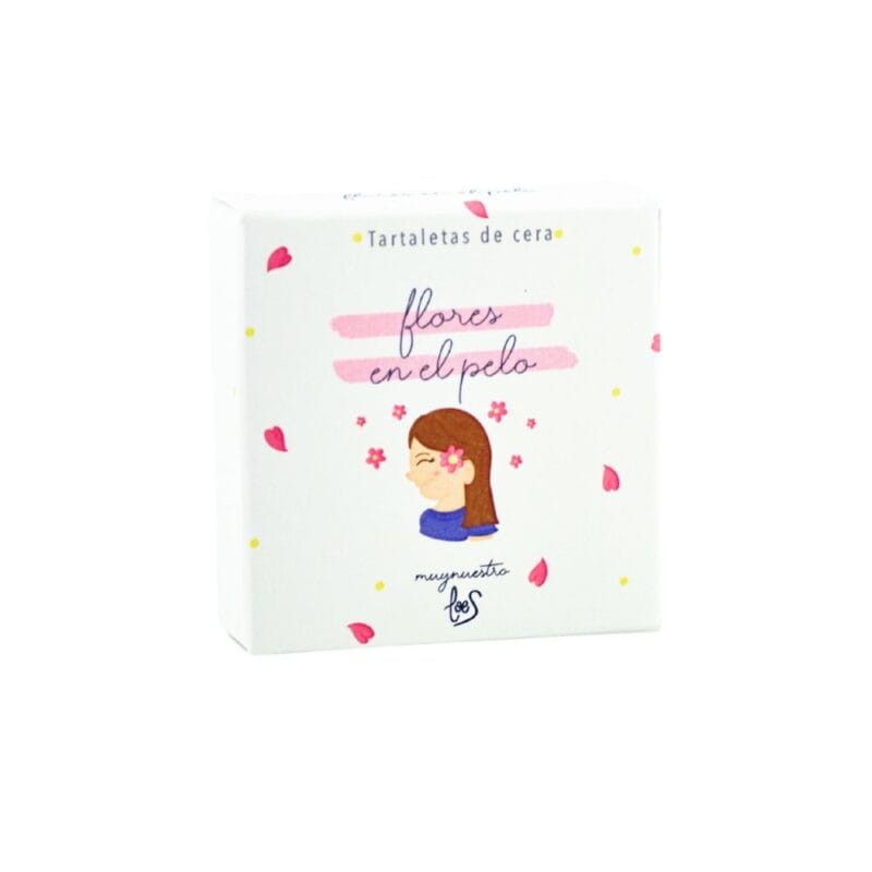Tarta de cera perfumada, aroma Flores en el Pelo. En caratula, su logo, una niña sonriendo y pétalos