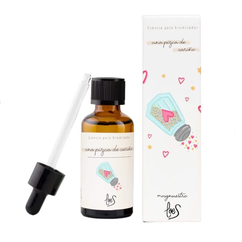 Esencia para difusor de perfume Una Pizca de Cariño. Caja y bote de cristal cerrado, pipeta al lado