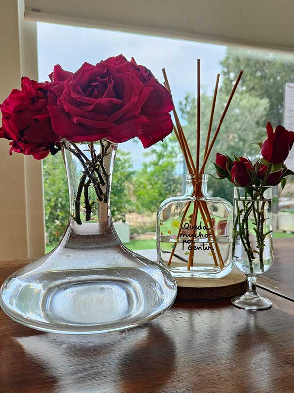Pon tu casa en modo primavera con estos aromas que enganchan 18 Mikado Queda mucho por sentir y rosas en jarrón al lado sobre una mesa de madera. Ventanal al fondo