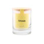 Vela perfumada aroma Citronela Antimosquitos. Etiqueta amarilla, vaso de cristal y tapa de madera.