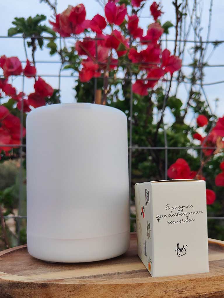 Pon tu casa en modo primavera con estos aromas que enganchan 17 Difusor de perfume Gloria y cajita un homenaje a los recuerdos al lado en exterior al fondo flores.