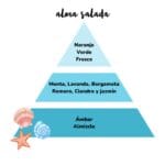 Pirámide olfativa del aroma Alma Salada. A la izquierda un iconos de cosas del mar, conchas, olas y estrella de mar. La pirámide es de color azul.